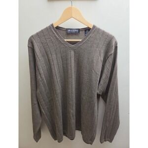Brandini Italy Mens V-Neck Sweater Brown Merino Extrafine Wool Ribbed Knit Large